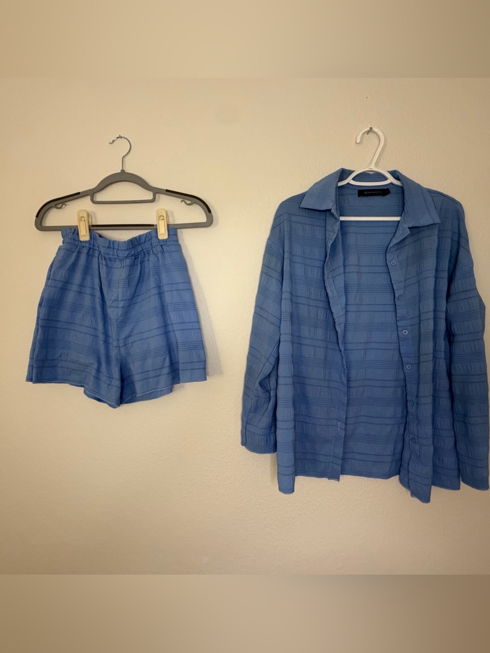 Merokeety Blue Textured Button Down Shirt & Shorts Matching Set Small